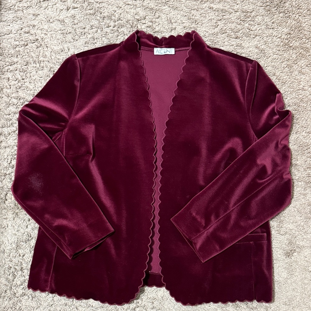 Vintage Accent Velvet Jacket Scallop Trim Women's Burgundy size XL Old Money